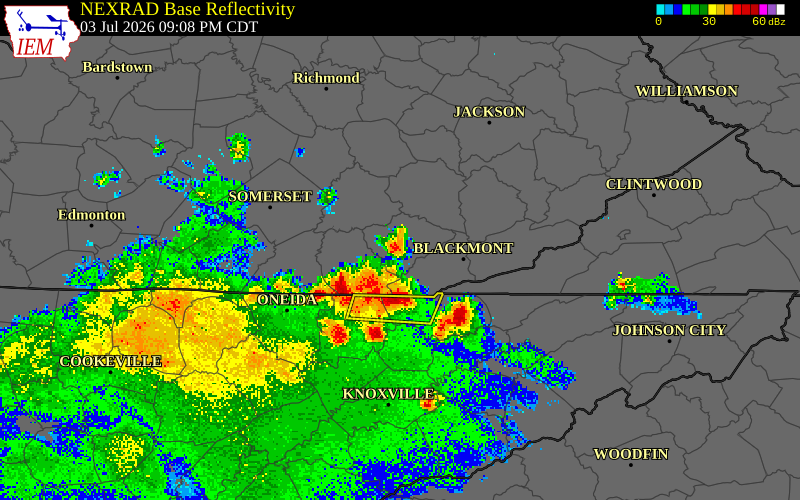 NEXRAD radar during the Friday, July 3, 2026 storm activity in Whitley County, Kentucky