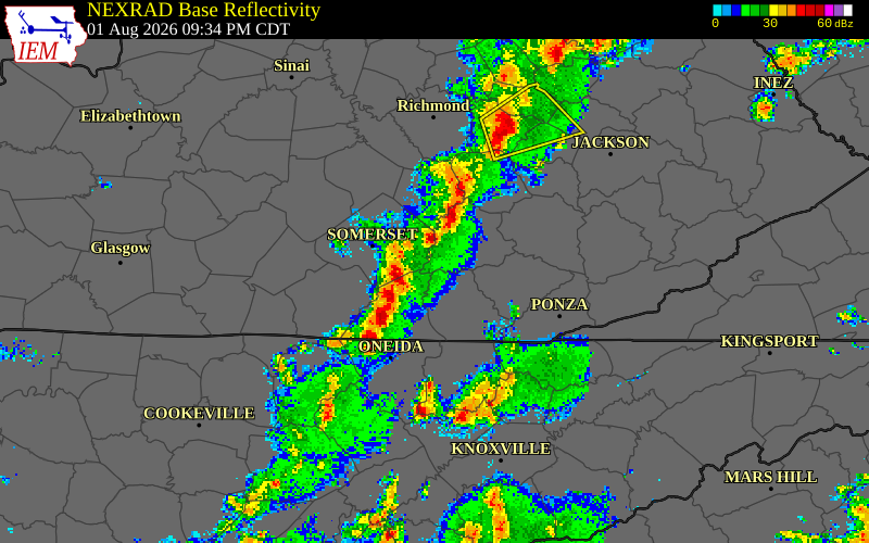 NEXRAD radar during the Saturday, August 1, 2026 storm activity in Whitley County, Kentucky