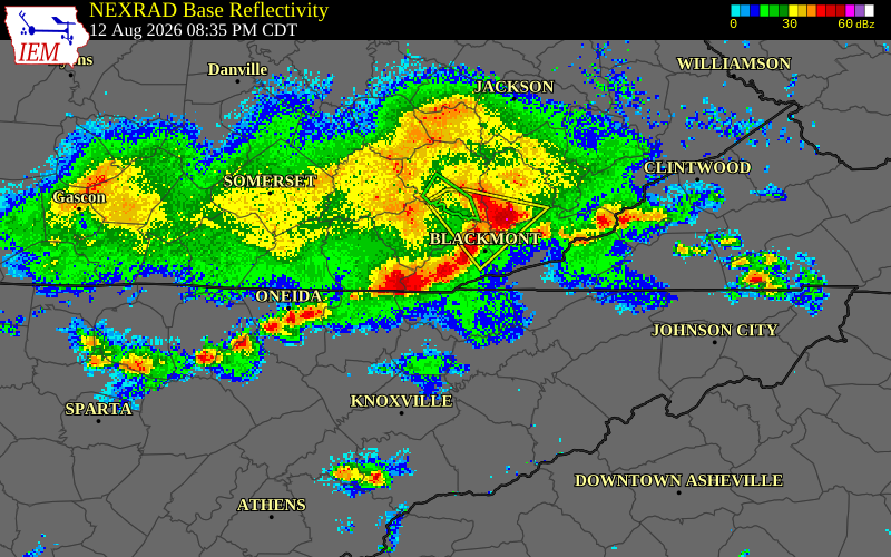 NEXRAD radar during the Wednesday, August 12, 2026 storm activity in Whitley County, Kentucky