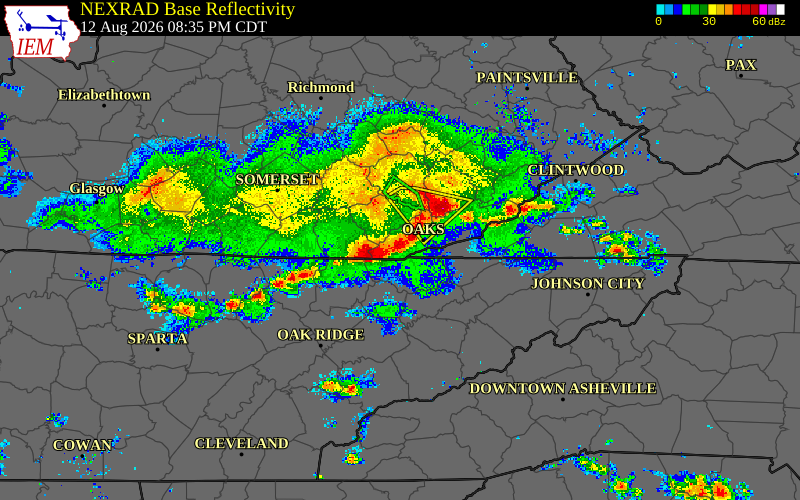 Radar snapshot during the Aug 12, 2026 wind event near Whitley County, Whitley County, Kentucky, with NWS warning polygons