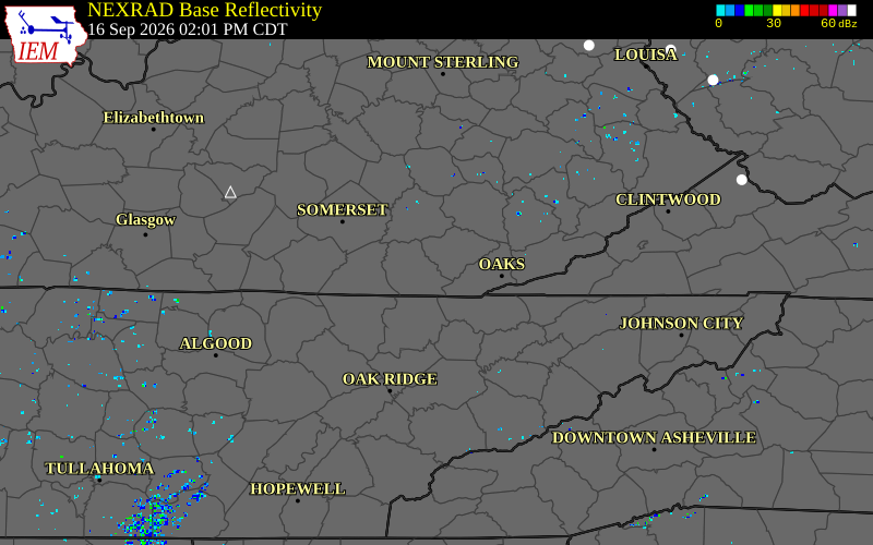 Current NEXRAD radar over Whitley County, Kentucky with recent storm report locations