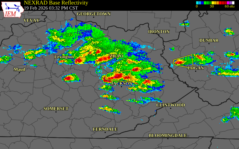 NEXRAD radar during the Thursday, February 19, 2026 storm activity in Wolfe County, Kentucky
