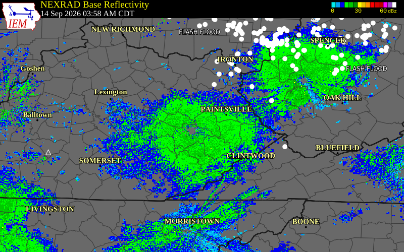 Current NEXRAD radar over Wolfe County, Kentucky with recent storm report locations