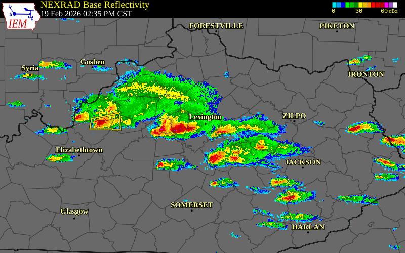 NEXRAD radar during the Thursday, February 19, 2026 storm activity in Woodford County, Kentucky