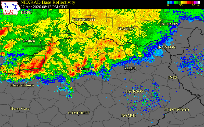 NEXRAD radar during the Monday, April 27, 2026 storm activity in Woodford County, Kentucky