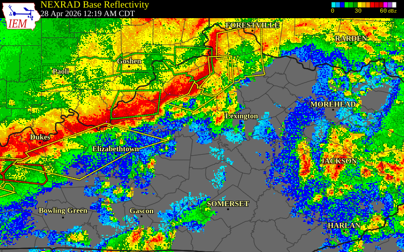 NEXRAD radar during the Tuesday, April 28, 2026 storm activity in Woodford County, Kentucky