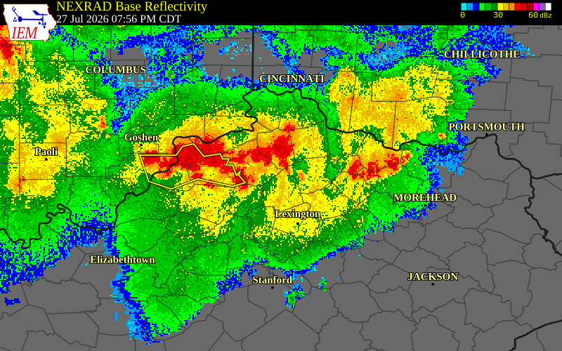 NEXRAD radar during the Monday, July 27, 2026 storm activity in Woodford County, Kentucky
