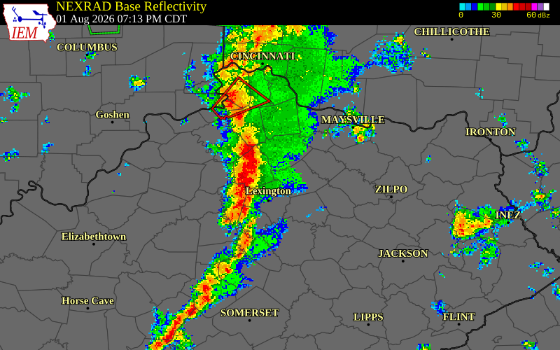 NEXRAD radar during the Saturday, August 1, 2026 storm activity in Woodford County, Kentucky