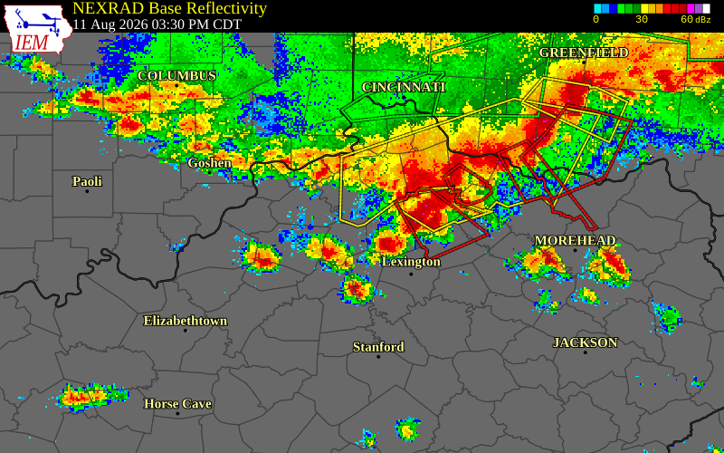 NEXRAD radar during the Tuesday, August 11, 2026 storm activity in Woodford County, Kentucky
