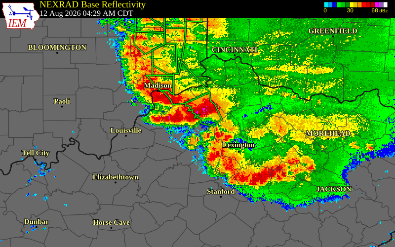 NEXRAD radar during the Wednesday, August 12, 2026 storm activity in Woodford County, Kentucky
