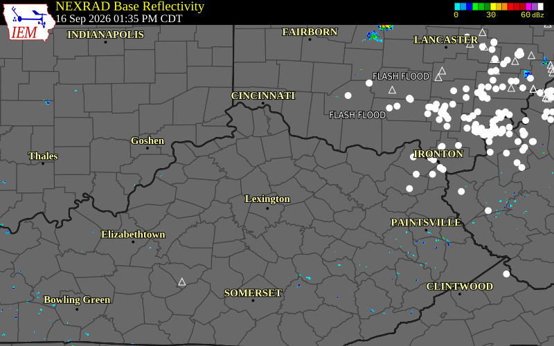 Current NEXRAD radar over Woodford County, Kentucky with recent storm report locations