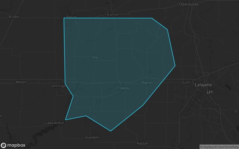 Map of Acadia Parish, Louisiana showing the county boundary and surrounding cities