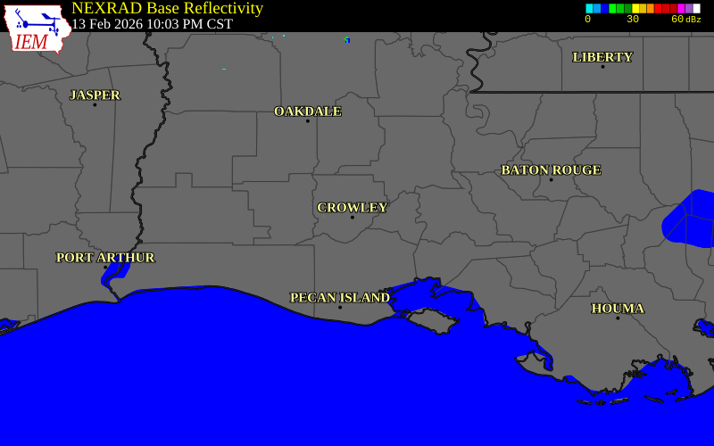 NEXRAD radar during the Friday, February 13, 2026 storm activity in Acadia Parish, Louisiana