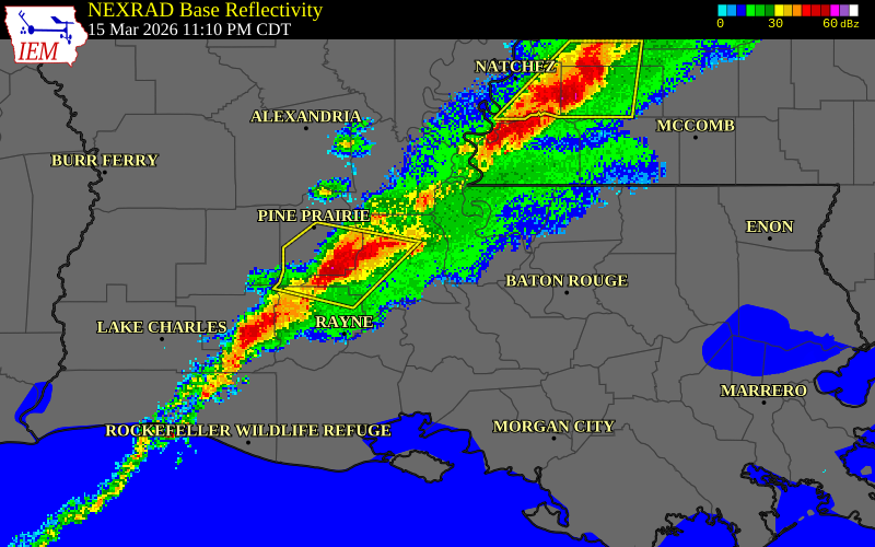NEXRAD radar during the Sunday, March 15, 2026 storm activity in Acadia Parish, Louisiana