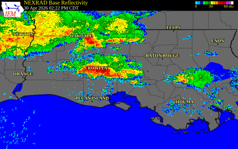 NEXRAD radar during the Thursday, April 30, 2026 storm activity in Acadia Parish, Louisiana