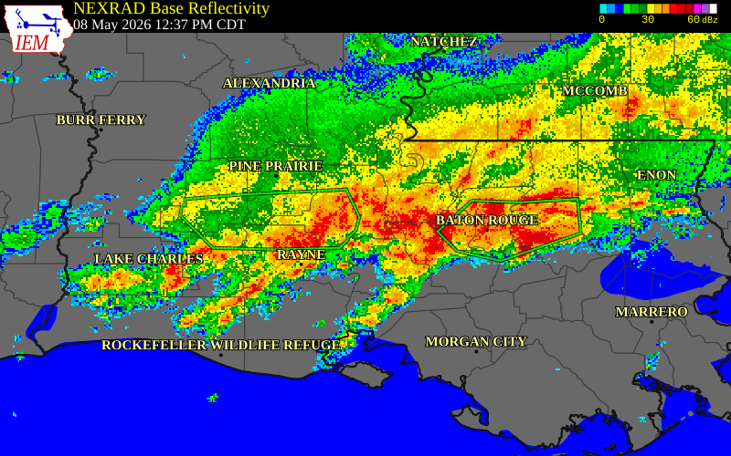 NEXRAD radar during the Friday, May 8, 2026 storm activity in Acadia Parish, Louisiana