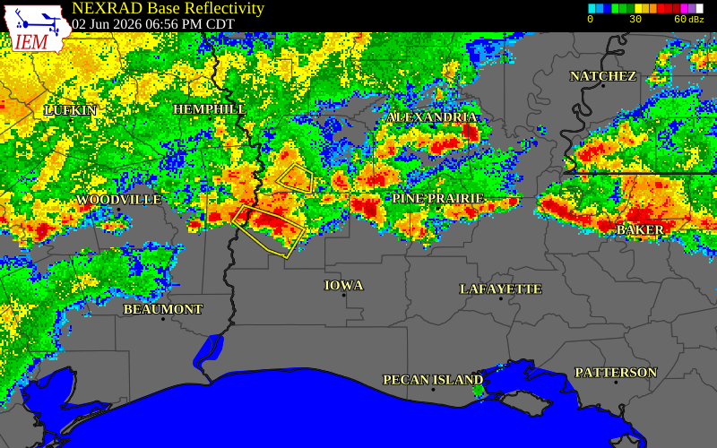 NEXRAD radar during the Tuesday, June 2, 2026 storm activity in Acadia Parish, Louisiana
