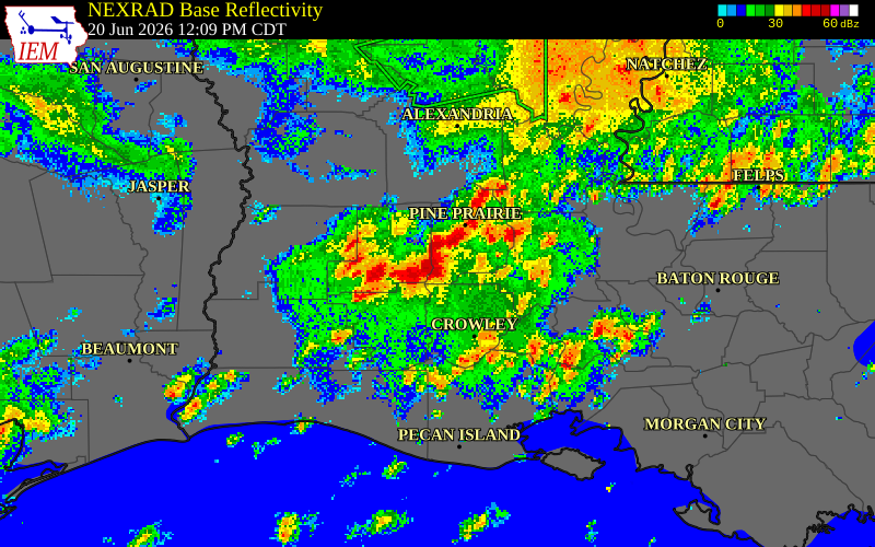NEXRAD radar during the Saturday, June 20, 2026 storm activity in Acadia Parish, Louisiana