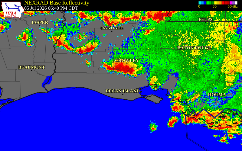 NEXRAD radar during the Sunday, July 5, 2026 storm activity in Acadia Parish, Louisiana