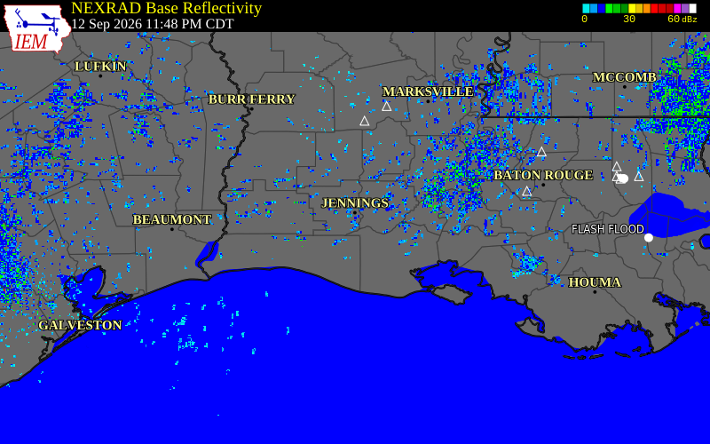 Current NEXRAD radar over Acadia Parish, Louisiana with recent storm report locations