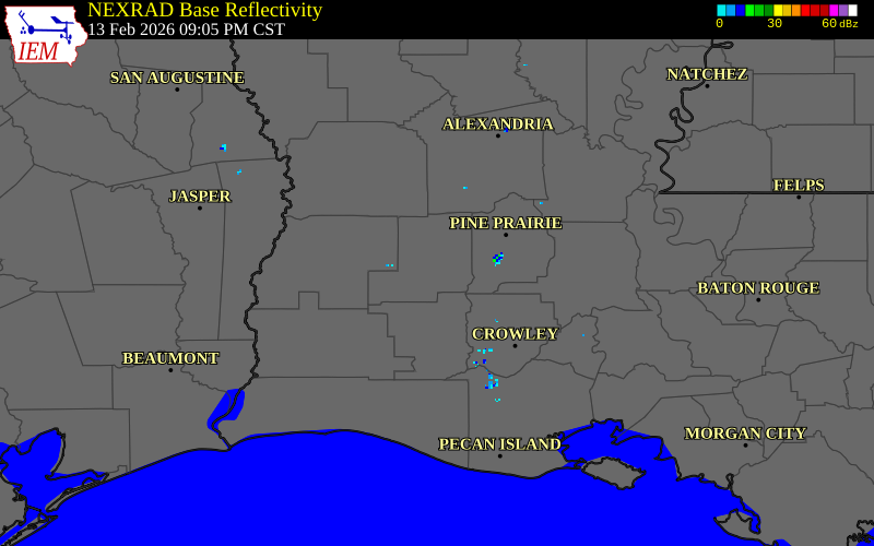 NEXRAD radar during the Friday, February 13, 2026 storm activity in Allen Parish, Louisiana