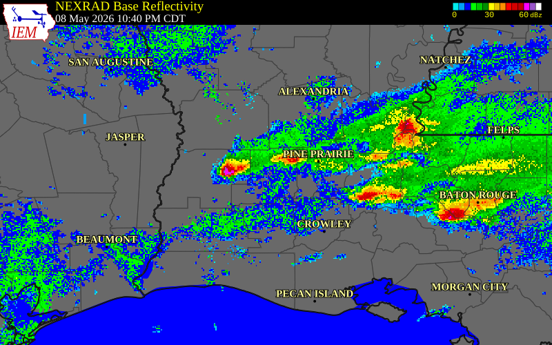 NEXRAD radar during the Friday, May 8, 2026 storm activity in Allen Parish, Louisiana