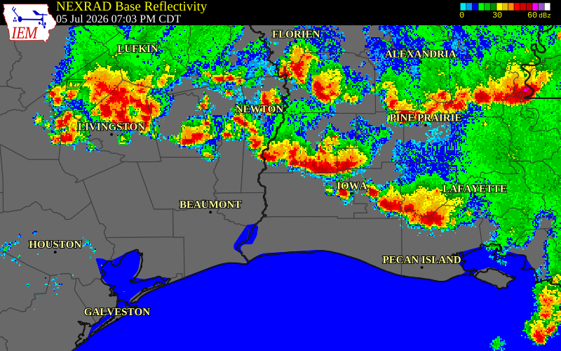 NEXRAD radar during the Sunday, July 5, 2026 storm activity in Allen Parish, Louisiana