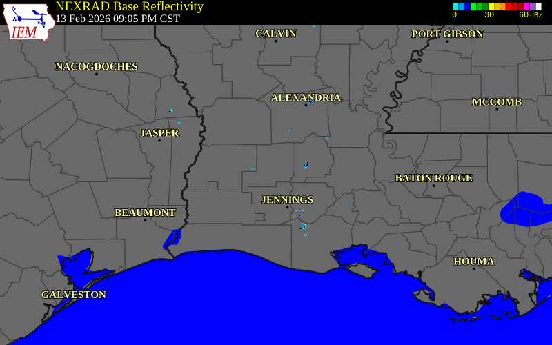 Radar snapshot during the Feb 13, 2026 tornado event near 2 SSW Oberlin, Allen Parish, Louisiana, with NWS warning polygons