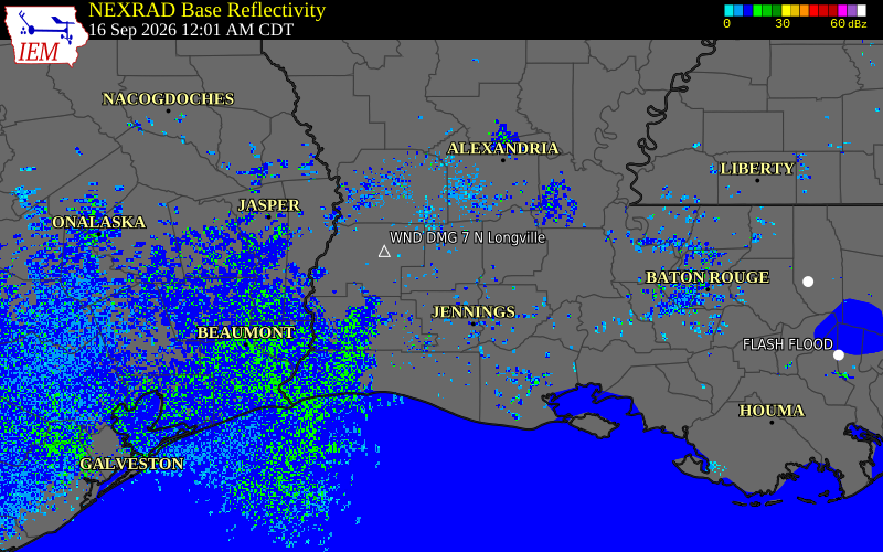 Current NEXRAD radar over Allen Parish, Louisiana with recent storm report locations