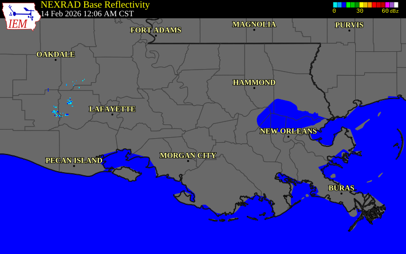 NEXRAD radar during the Saturday, February 14, 2026 storm activity in Ascension Parish, Louisiana