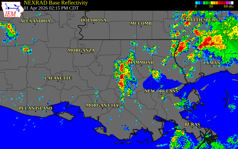 NEXRAD radar during the Wednesday, April 1, 2026 storm activity in Ascension Parish, Louisiana