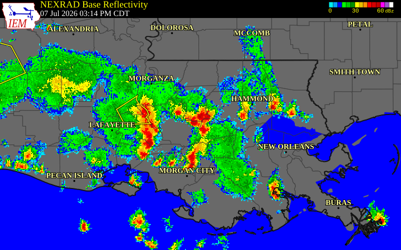 NEXRAD radar during the Tuesday, July 7, 2026 storm activity in Ascension Parish, Louisiana