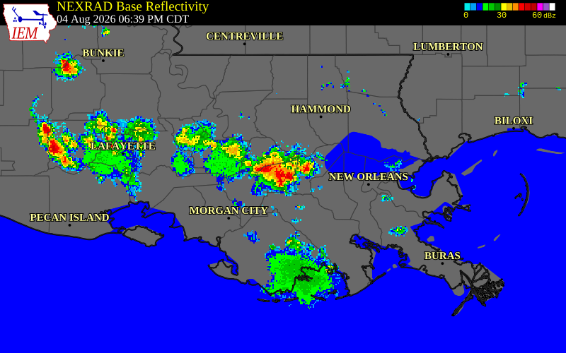 NEXRAD radar during the Tuesday, August 4, 2026 storm activity in Ascension Parish, Louisiana