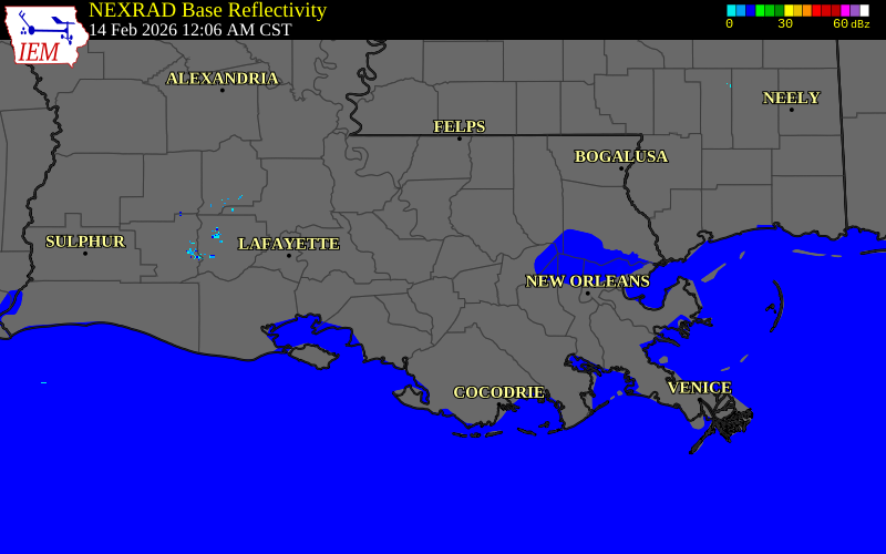 Radar snapshot during the Feb 14, 2026 tornado event near 2 SW Donaldsonville, Ascension Parish, Louisiana, with NWS warning polygons