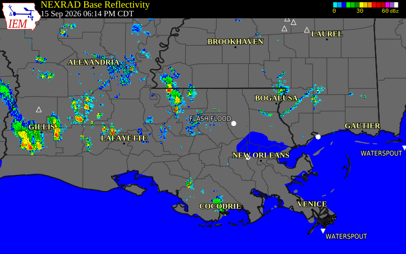 Current NEXRAD radar over Ascension Parish, Louisiana with recent storm report locations