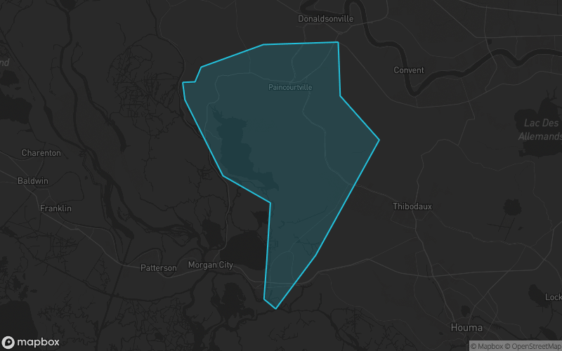 Map of Assumption Parish, Louisiana showing the county boundary and surrounding cities