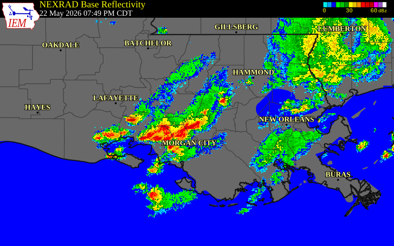 NEXRAD radar during the Friday, May 22, 2026 storm activity in Assumption Parish, Louisiana