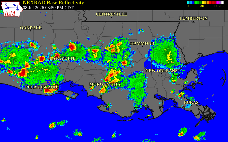 NEXRAD radar during the Wednesday, July 8, 2026 storm activity in Assumption Parish, Louisiana