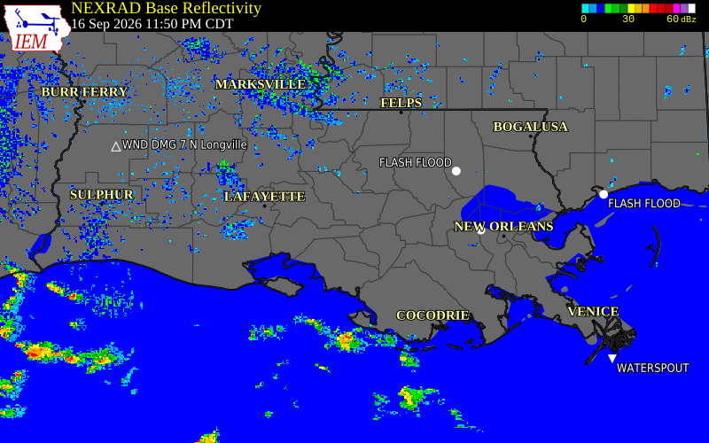Current NEXRAD radar over Assumption Parish, Louisiana with recent storm report locations