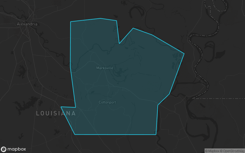 Map of Avoyelles Parish, Louisiana showing the county boundary and surrounding cities