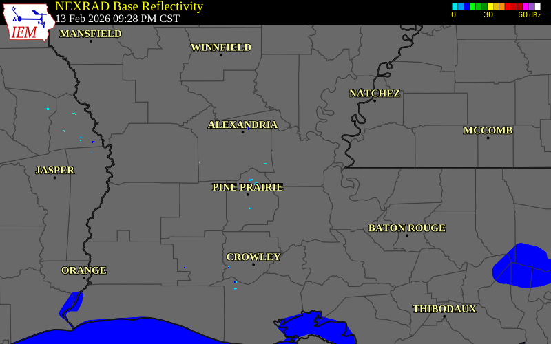 NEXRAD radar during the Friday, February 13, 2026 storm activity in Avoyelles Parish, Louisiana