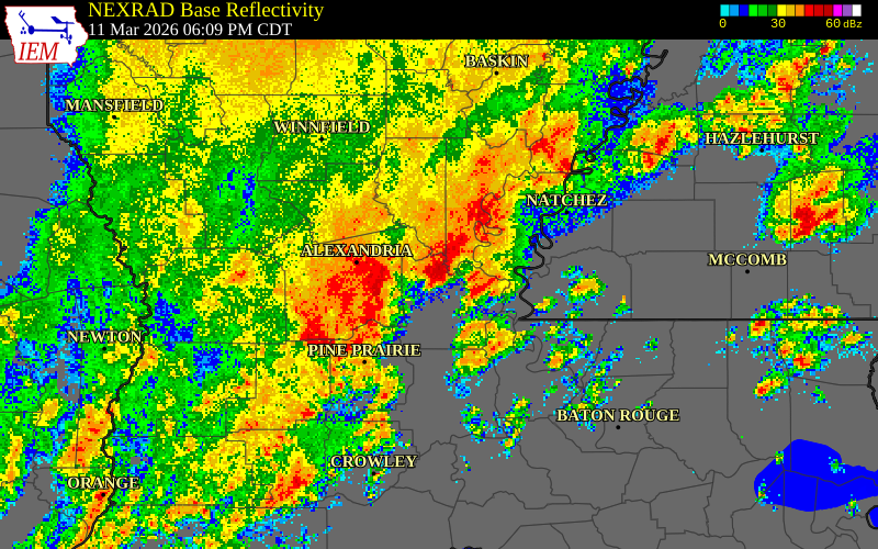 NEXRAD radar during the Wednesday, March 11, 2026 storm activity in Avoyelles Parish, Louisiana