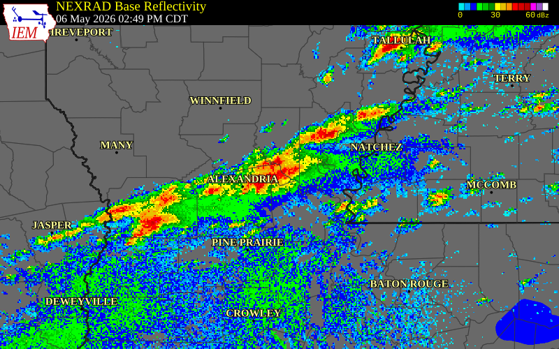 NEXRAD radar during the Wednesday, May 6, 2026 storm activity in Avoyelles Parish, Louisiana