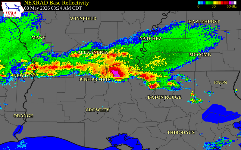 NEXRAD radar during the Friday, May 8, 2026 storm activity in Avoyelles Parish, Louisiana