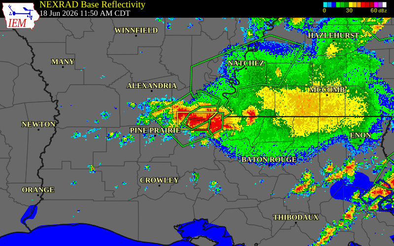 NEXRAD radar during the Thursday, June 18, 2026 storm activity in Avoyelles Parish, Louisiana