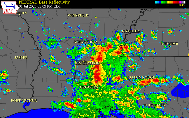 NEXRAD radar during the Wednesday, July 1, 2026 storm activity in Avoyelles Parish, Louisiana
