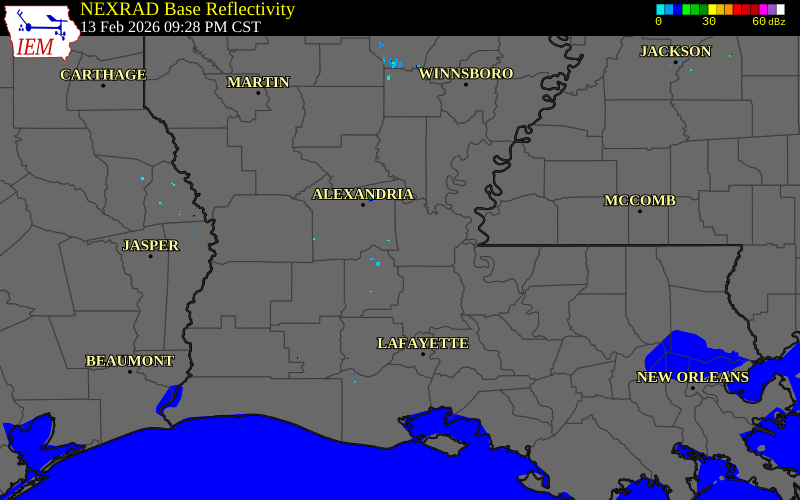 Radar snapshot during the Feb 13, 2026 tornado event near 2 NW Bunkie, Avoyelles Parish, Louisiana, with NWS warning polygons