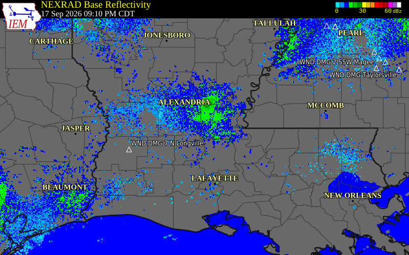 Current NEXRAD radar over Avoyelles Parish, Louisiana with recent storm report locations