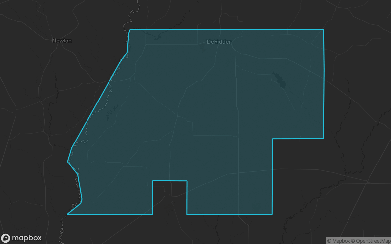 Map of Beauregard Parish, Louisiana showing the county boundary and surrounding cities