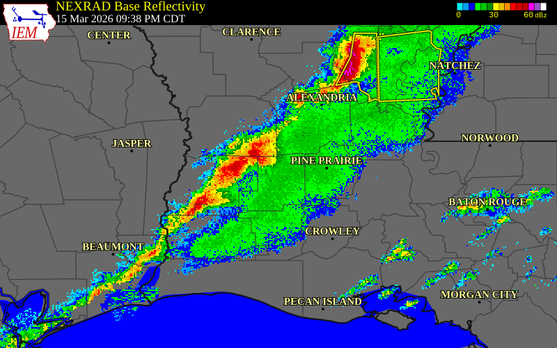NEXRAD radar during the Sunday, March 15, 2026 storm activity in Beauregard Parish, Louisiana